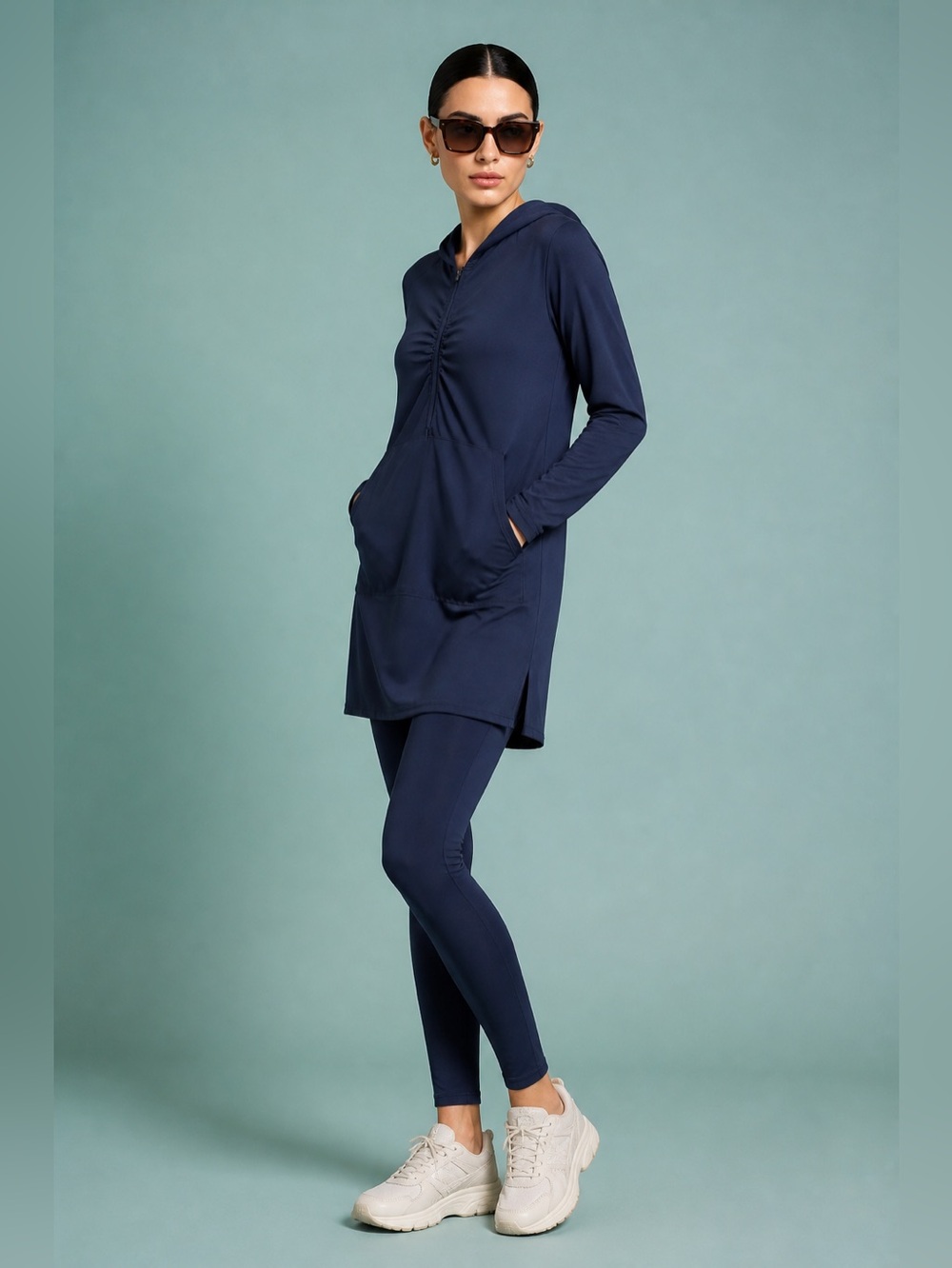 Athleta Half Zip Jacket Navy Blue Wicking Hooded Stretch Pockets Womens Size M